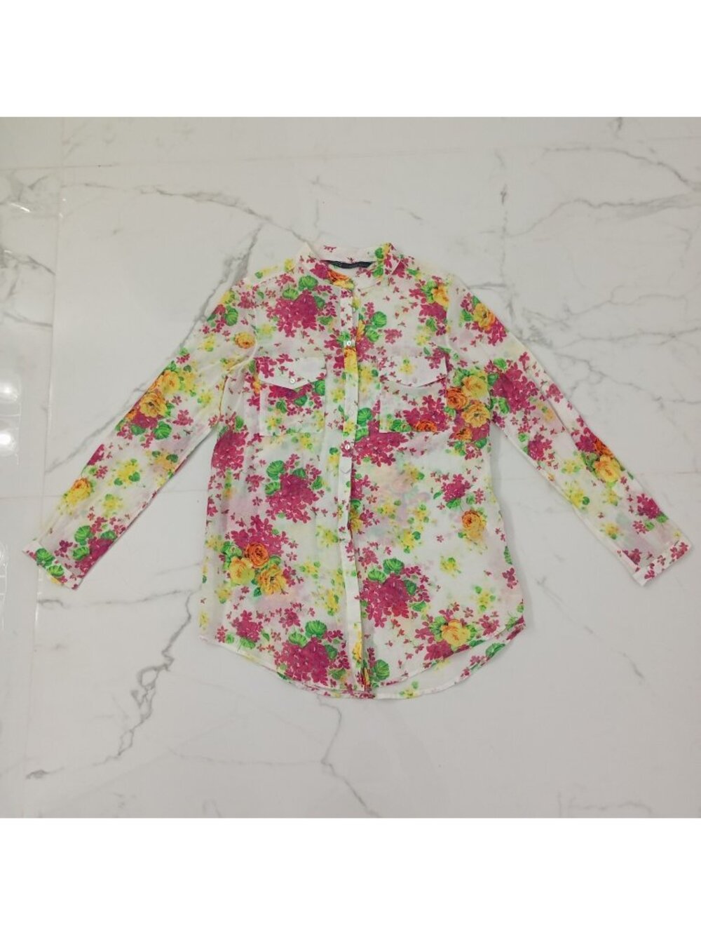Floral Button-Up Shirt Mandarin Collar Pockets XS Zara Basic Cotton/Silk
